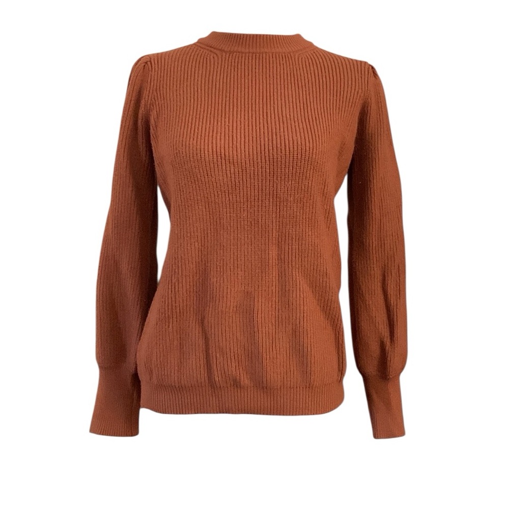 Ribbed crew neck balloon sleeve sweater brown